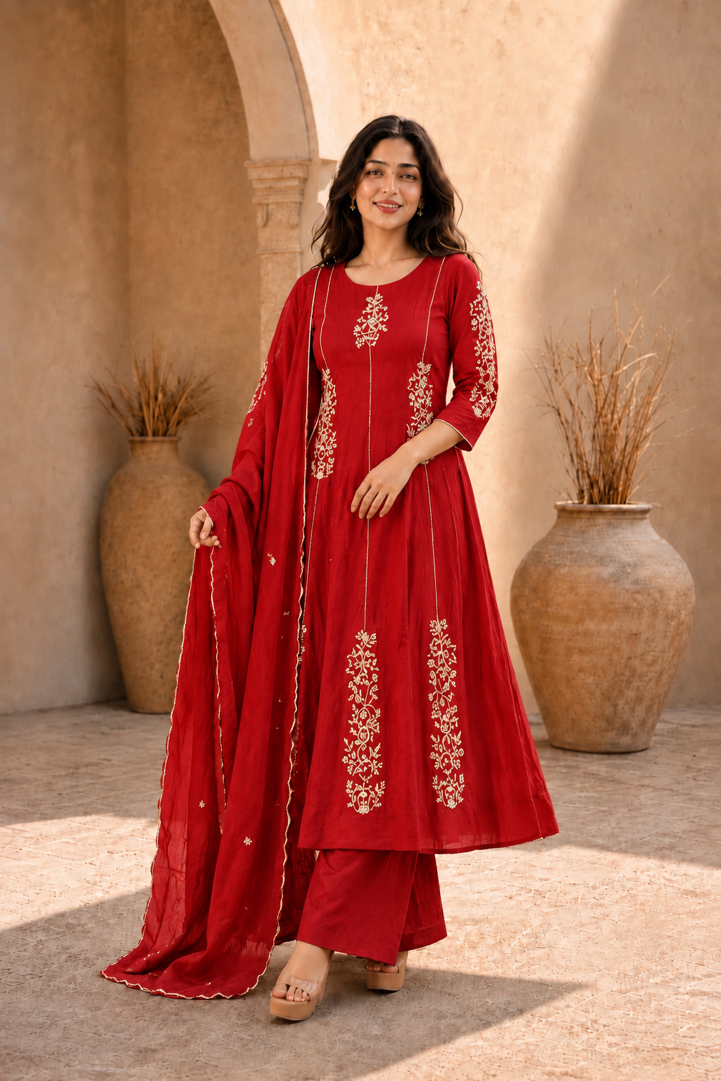 Red Embroidered Anarkali Kurta Set with Dupatta