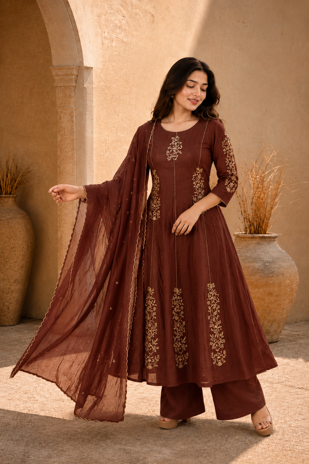 Mahogany Brown Embroidered Anarkali Kurta Set with Dupatta