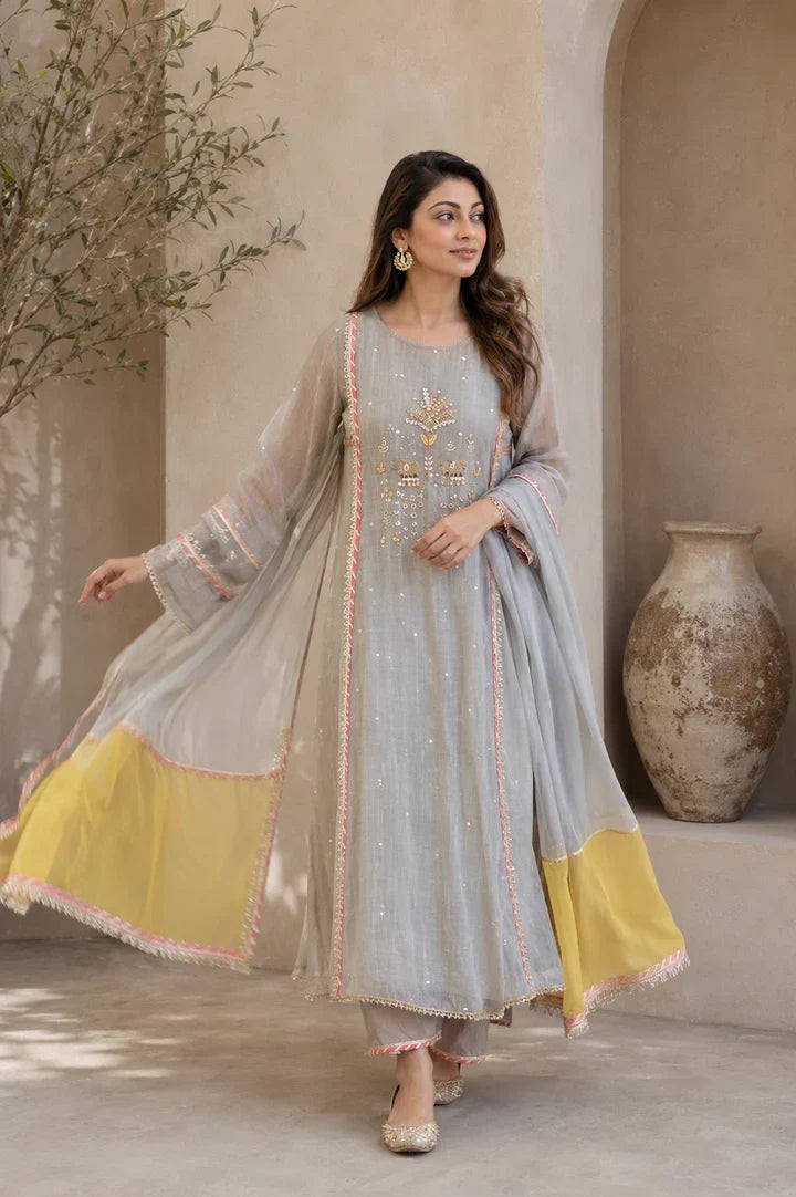 Aafreen Mist Grey Embroidered Kurta Set
