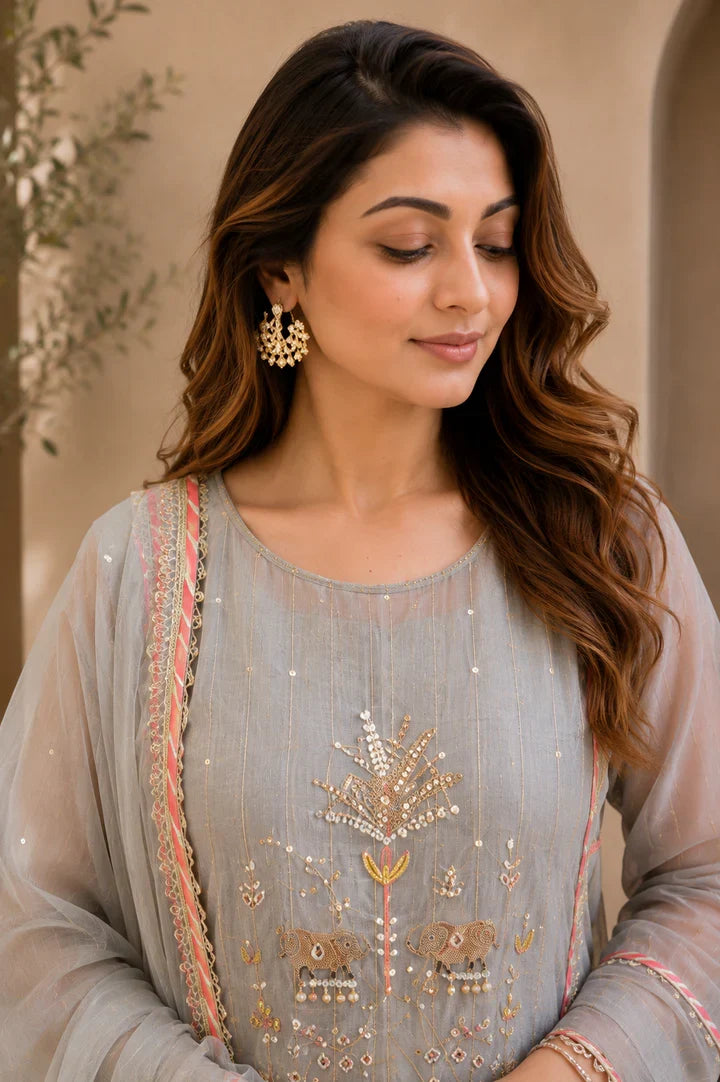 Aafreen Mist Grey Embroidered Kurta Set