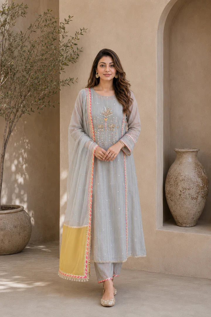 Aafreen Mist Grey Embroidered Kurta Set