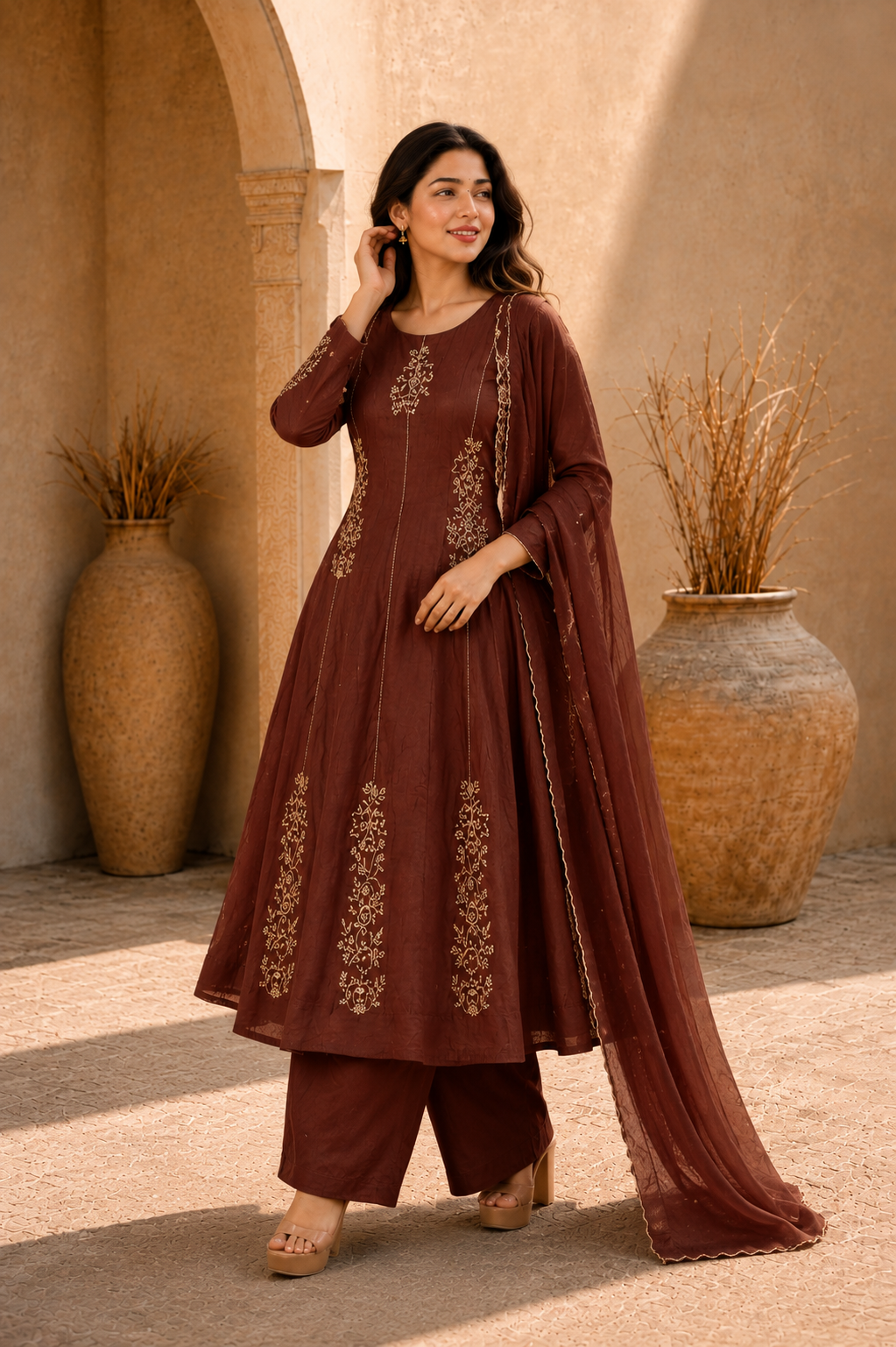 Mahogany Brown Embroidered Anarkali Kurta Set with Dupatta