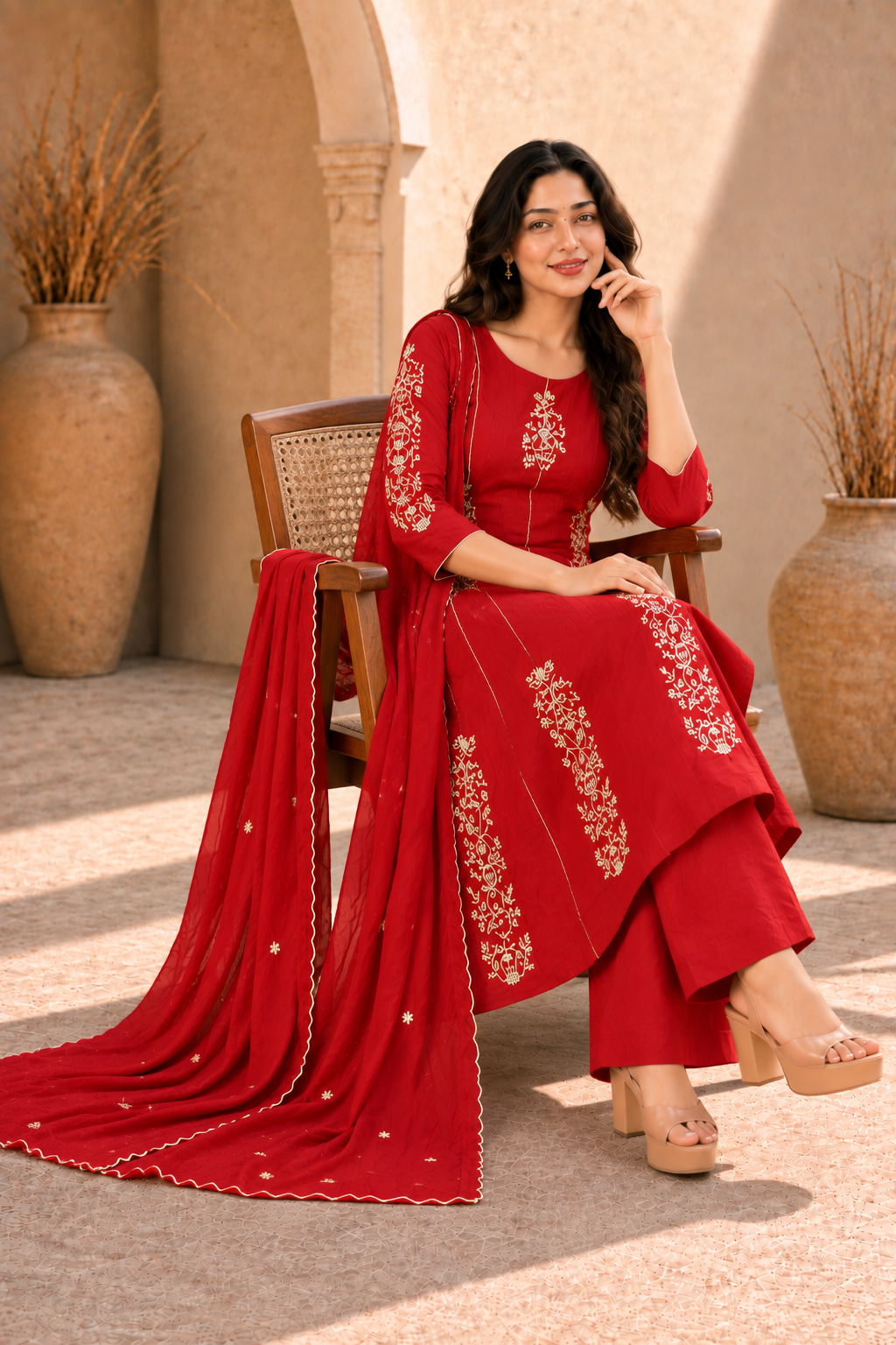 Red Embroidered Anarkali Kurta Set with Dupatta