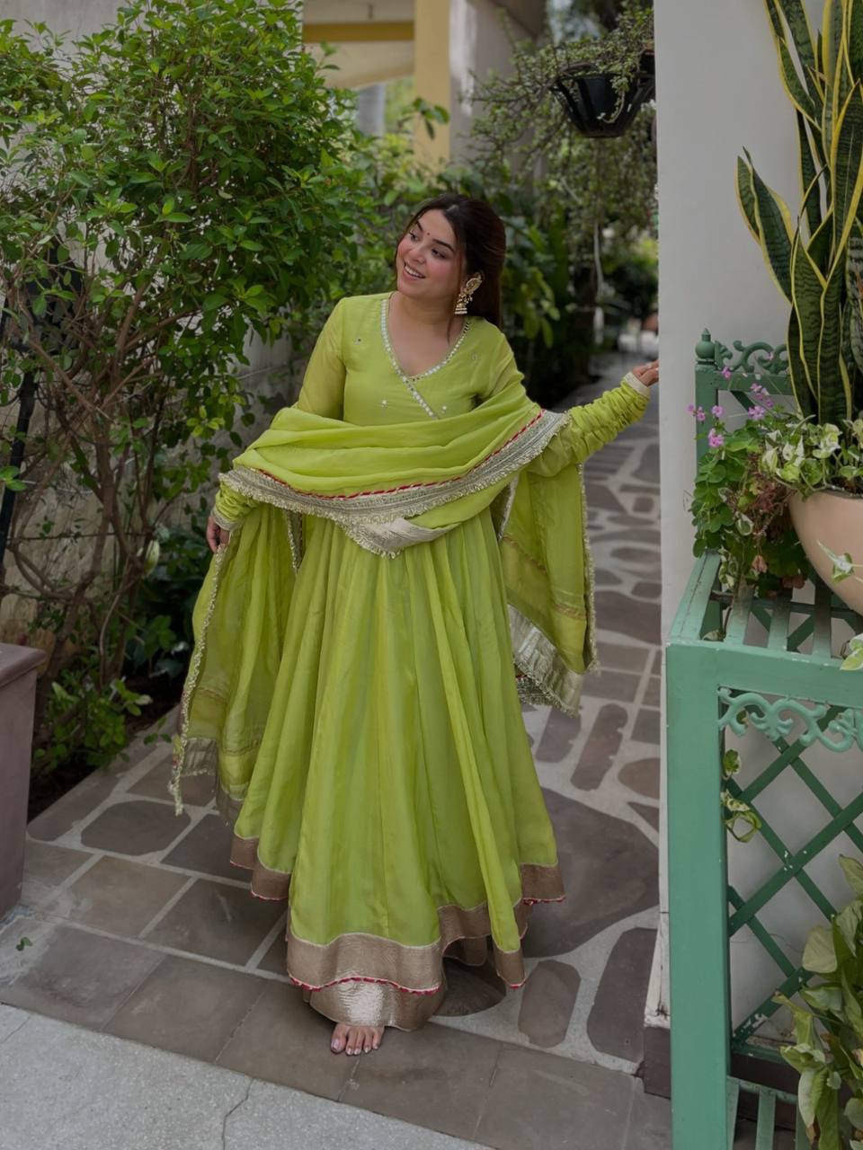 Lime Green Gota Patti Anarkali Kurta Set