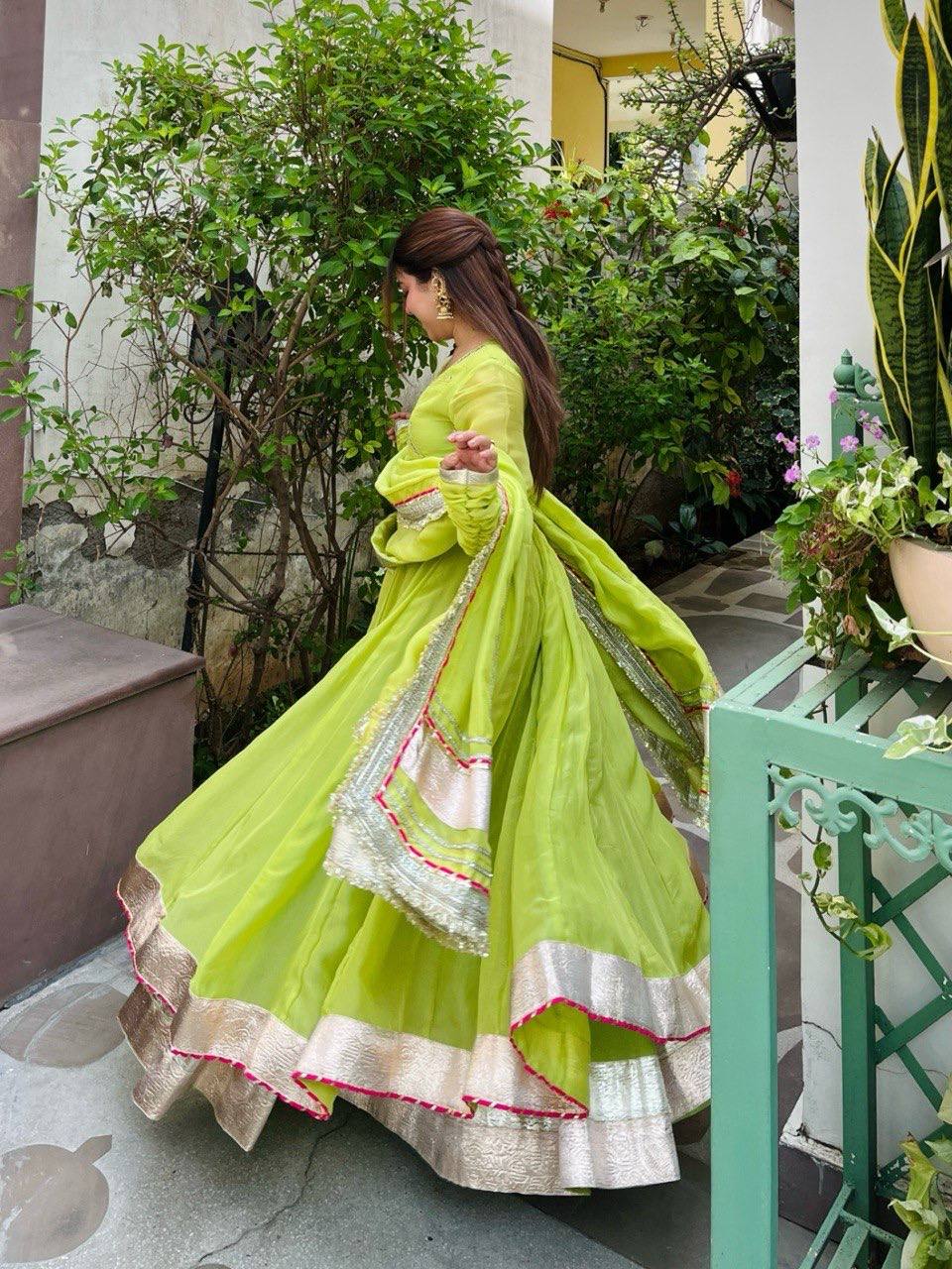 Lime Green Gota Patti Anarkali Kurta Set
