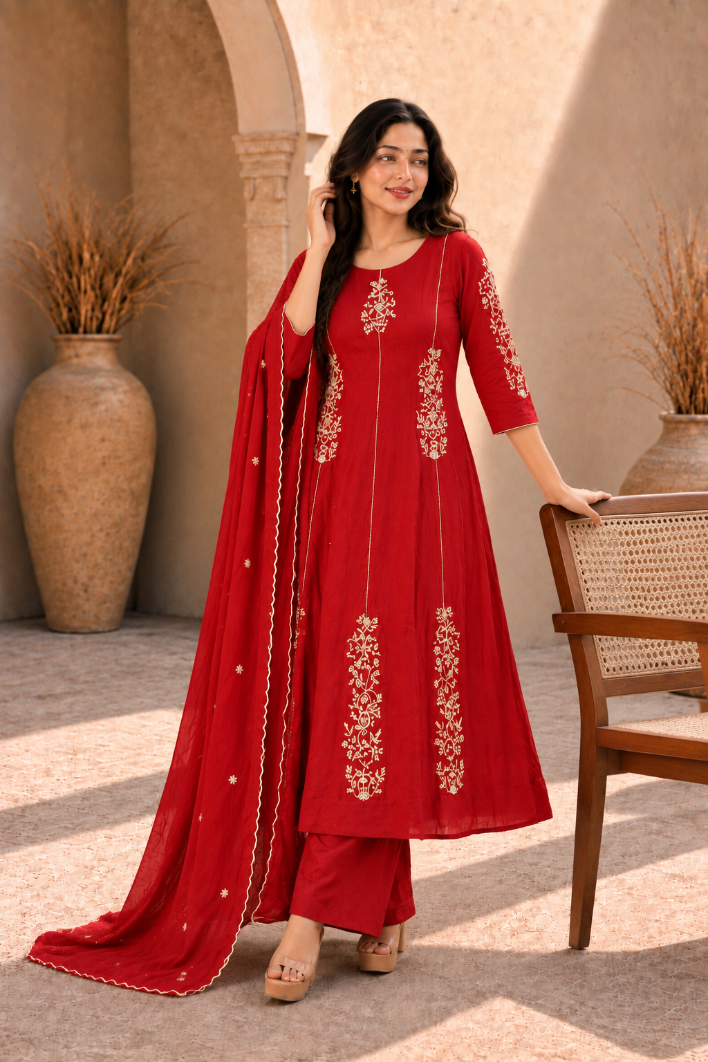 Red Embroidered Anarkali Kurta Set with Dupatta