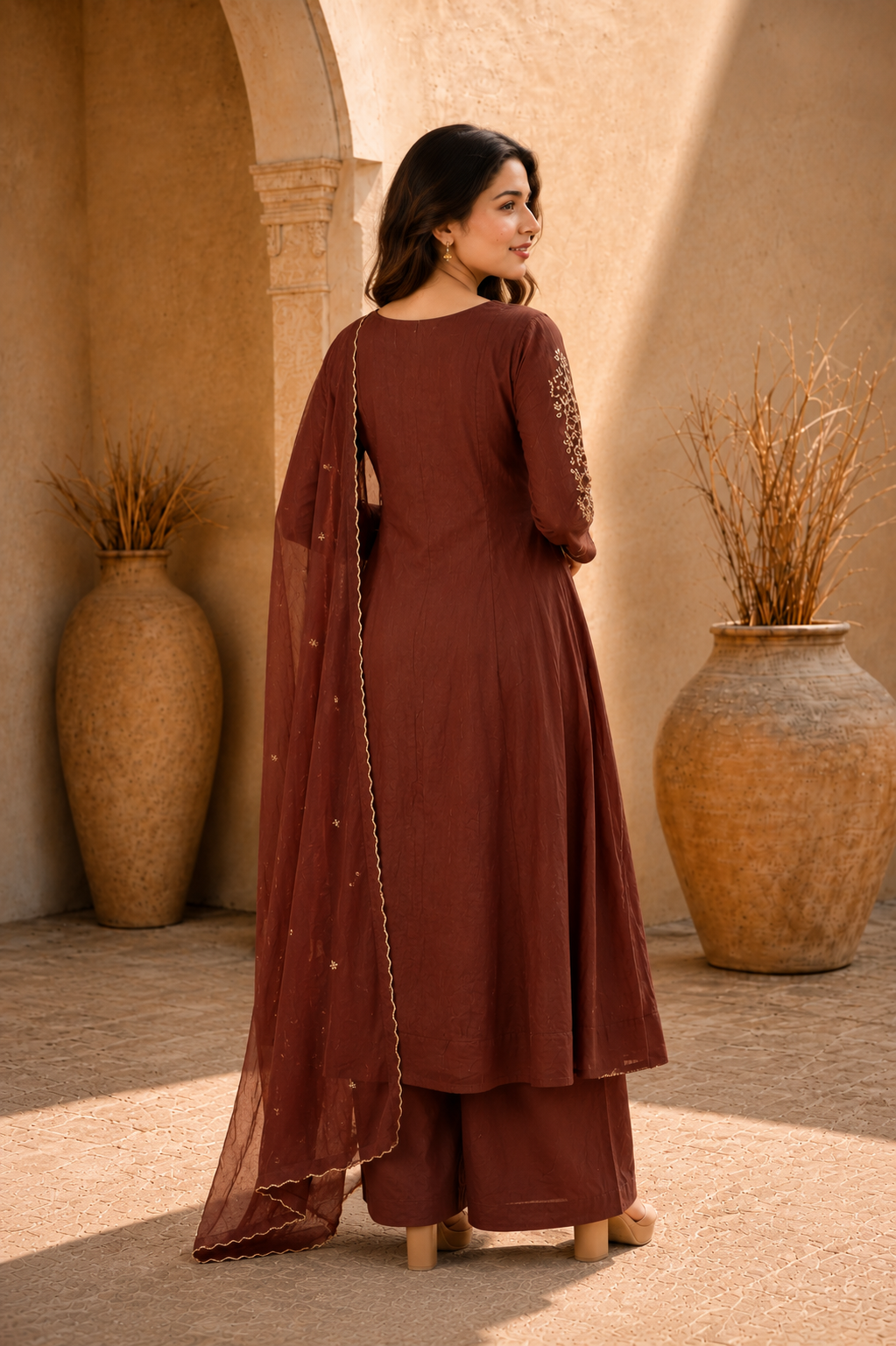 Mahogany Brown Embroidered Anarkali Kurta Set with Dupatta