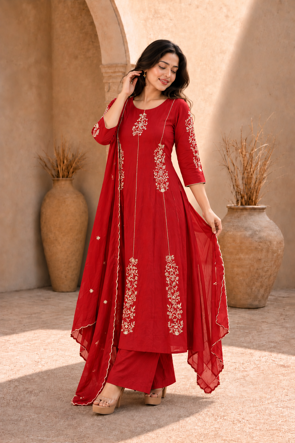 Red Embroidered Anarkali Kurta Set with Dupatta