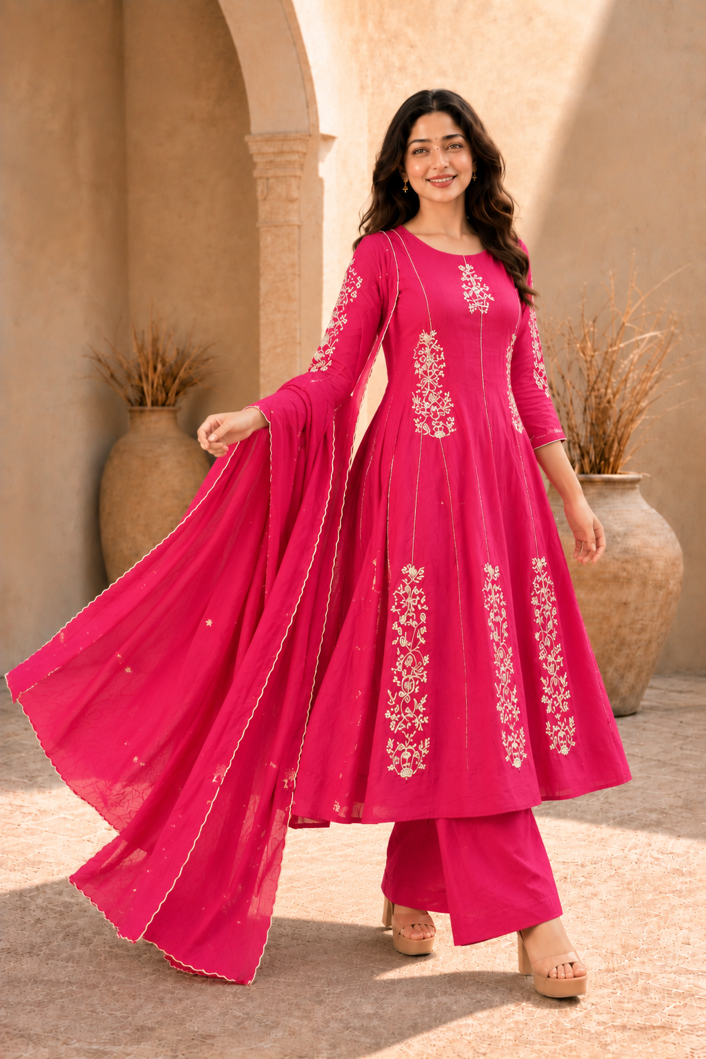Rani Pink Embroidered Anarkali KuArta Set with Dupatta