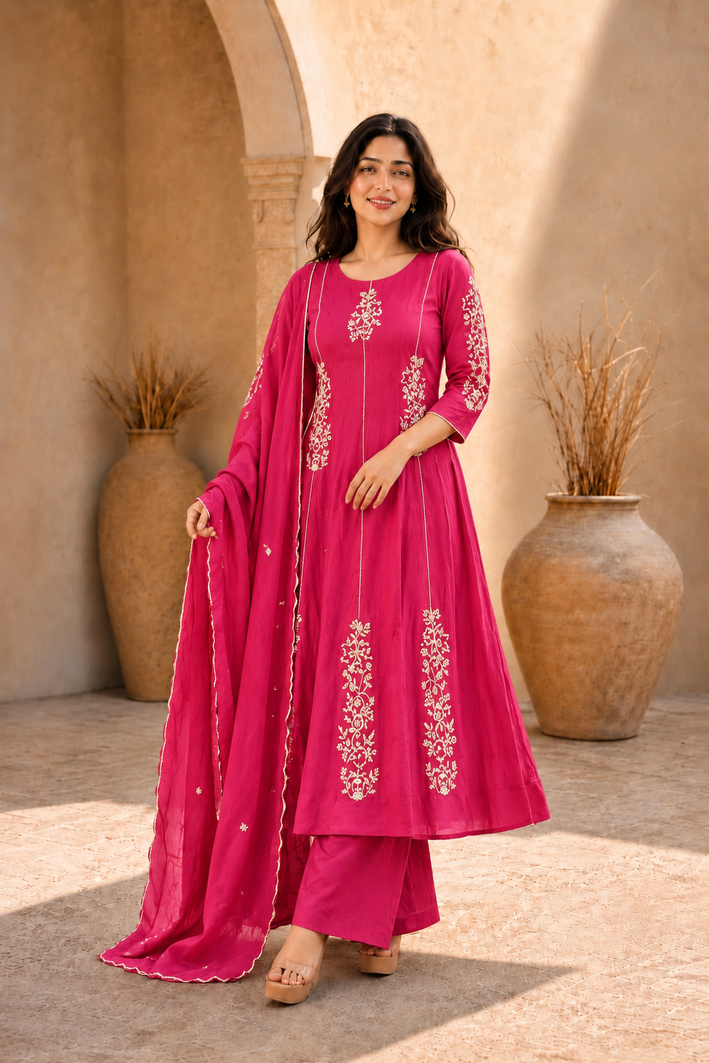 Rani Pink Embroidered Anarkali KuArta Set with Dupatta