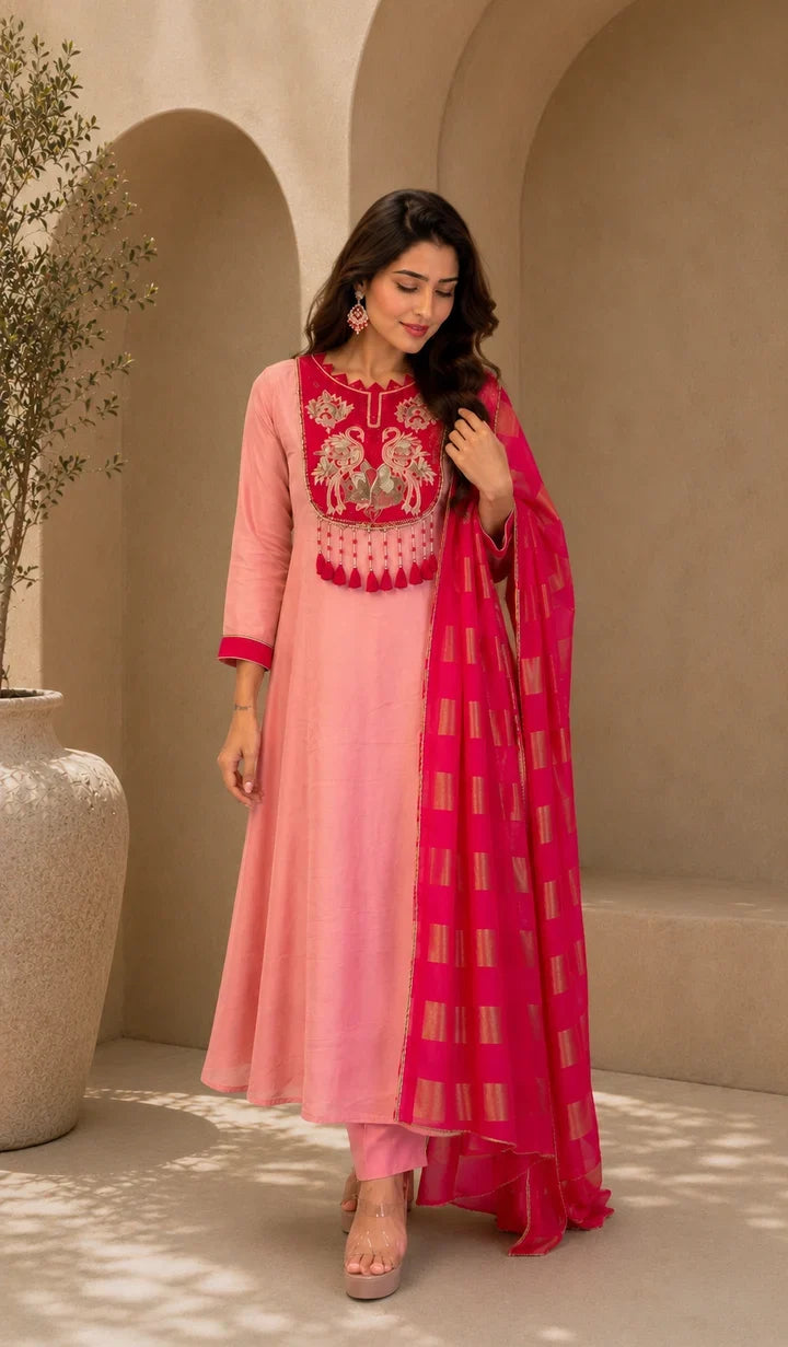 Gulnaar Rose Pink Embroidered Kurta Set