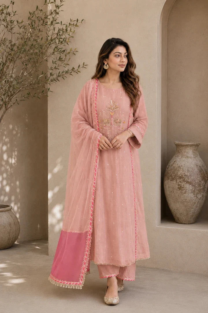 Gulbahar Peach Rose Embroidered Kurta Set