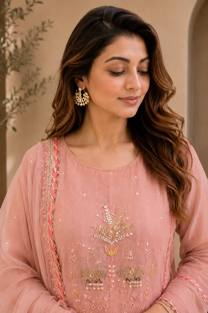 Gulbahar Peach Rose Embroidered Kurta Set