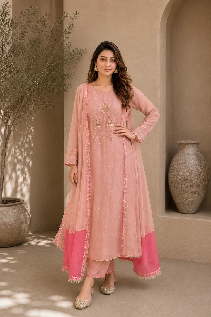 Gulbahar Peach Rose Embroidered Kurta Set