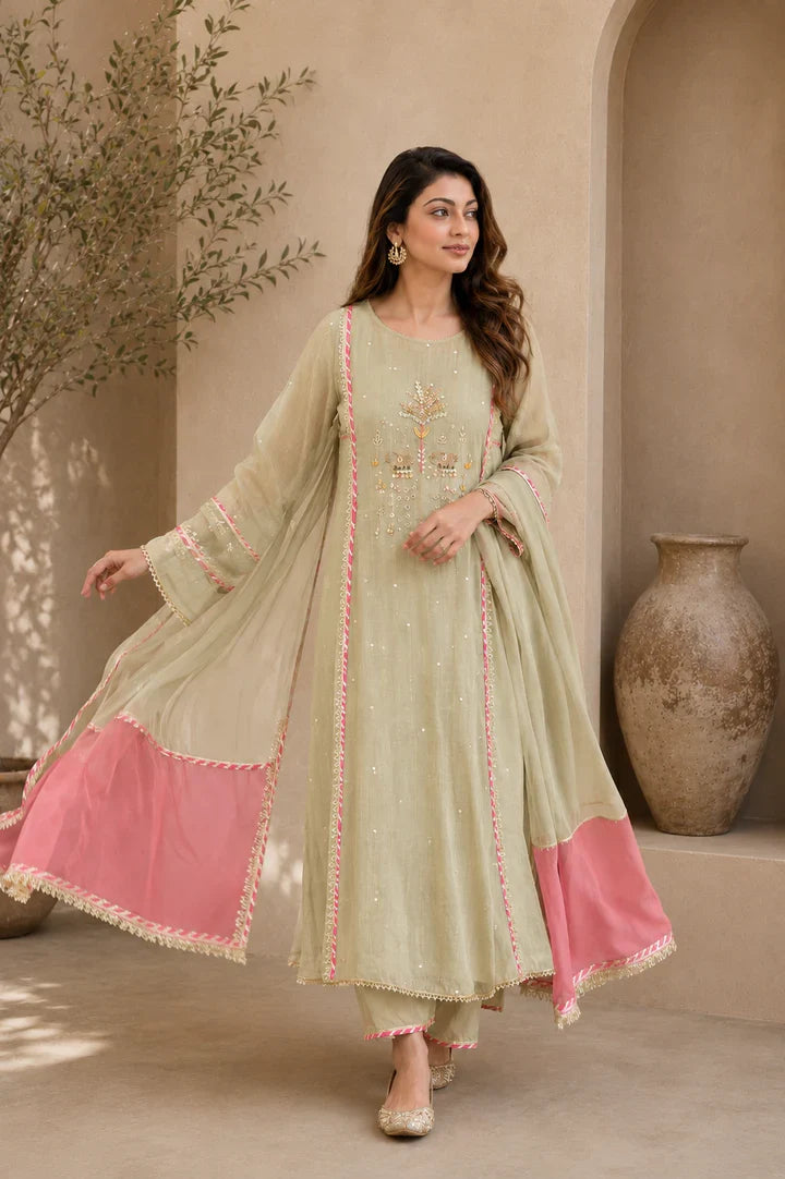 Meher Pista Bloom Embroidered Kurta Set