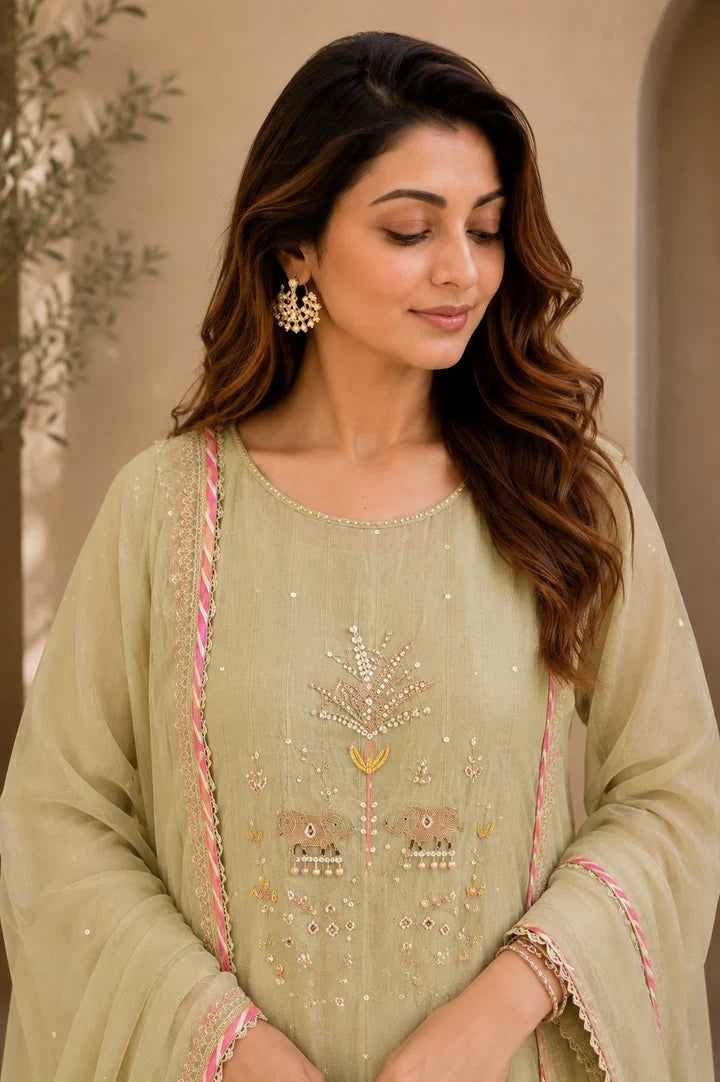 Meher Pista Bloom Embroidered Kurta Set