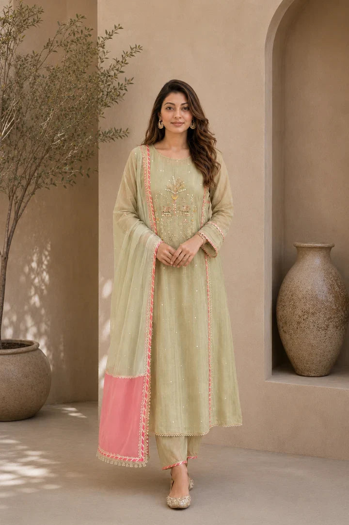 Meher Pista Bloom Embroidered Kurta Set