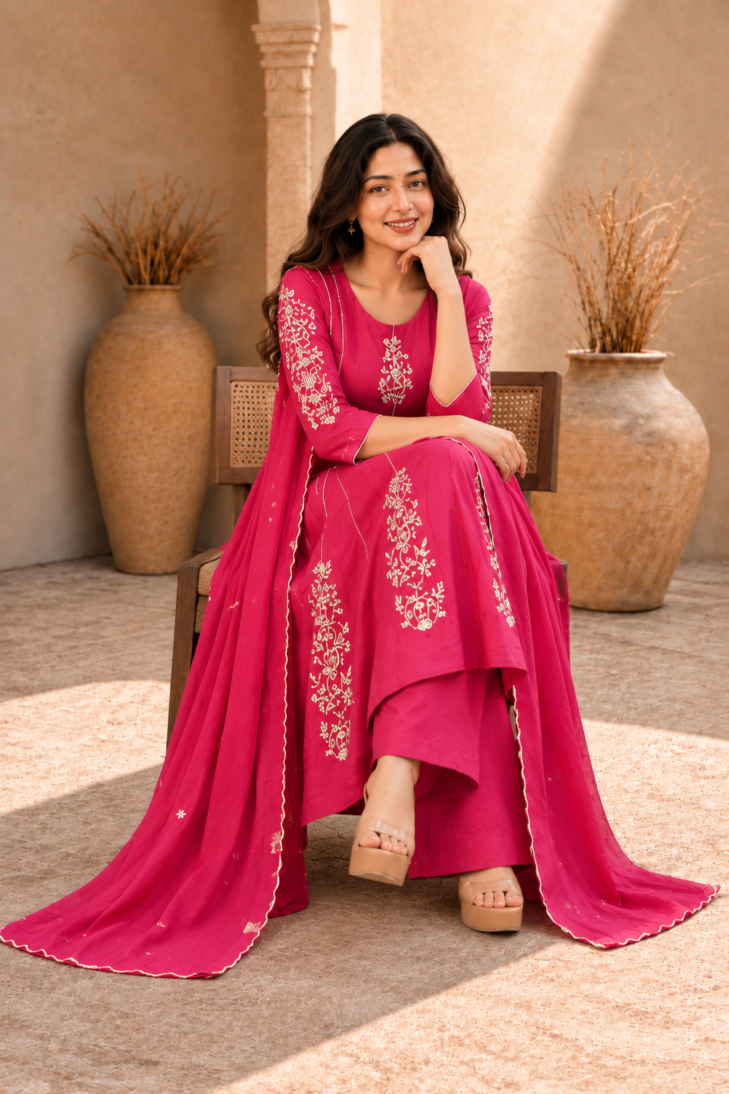 Rani Pink Embroidered Anarkali KuArta Set with Dupatta