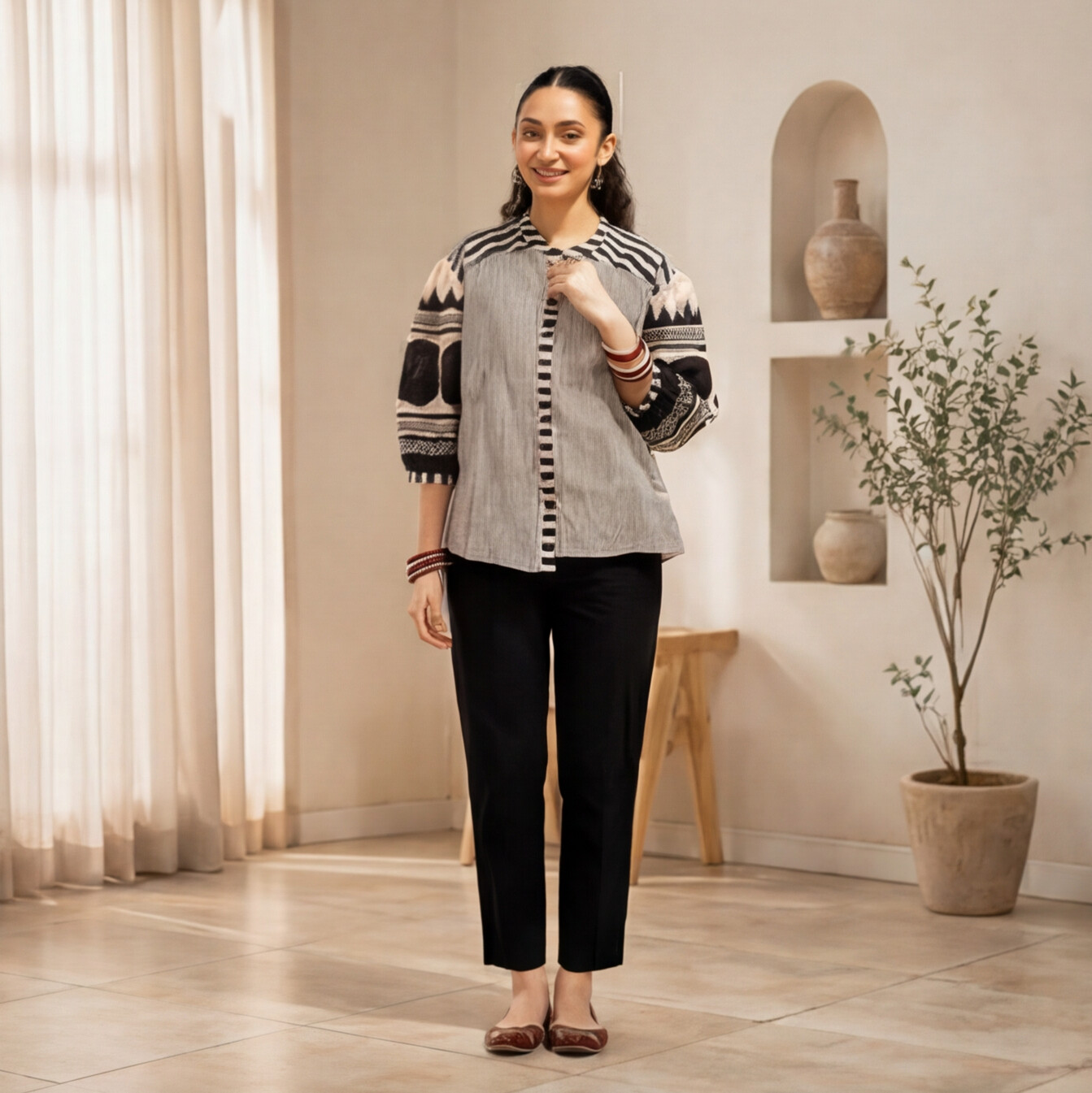 Women's Grey & Black Printed Cotton Jacket Top