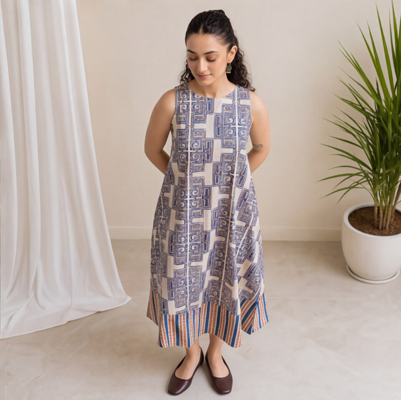 Women's Blue & White Printed Cotton A-Line Dress