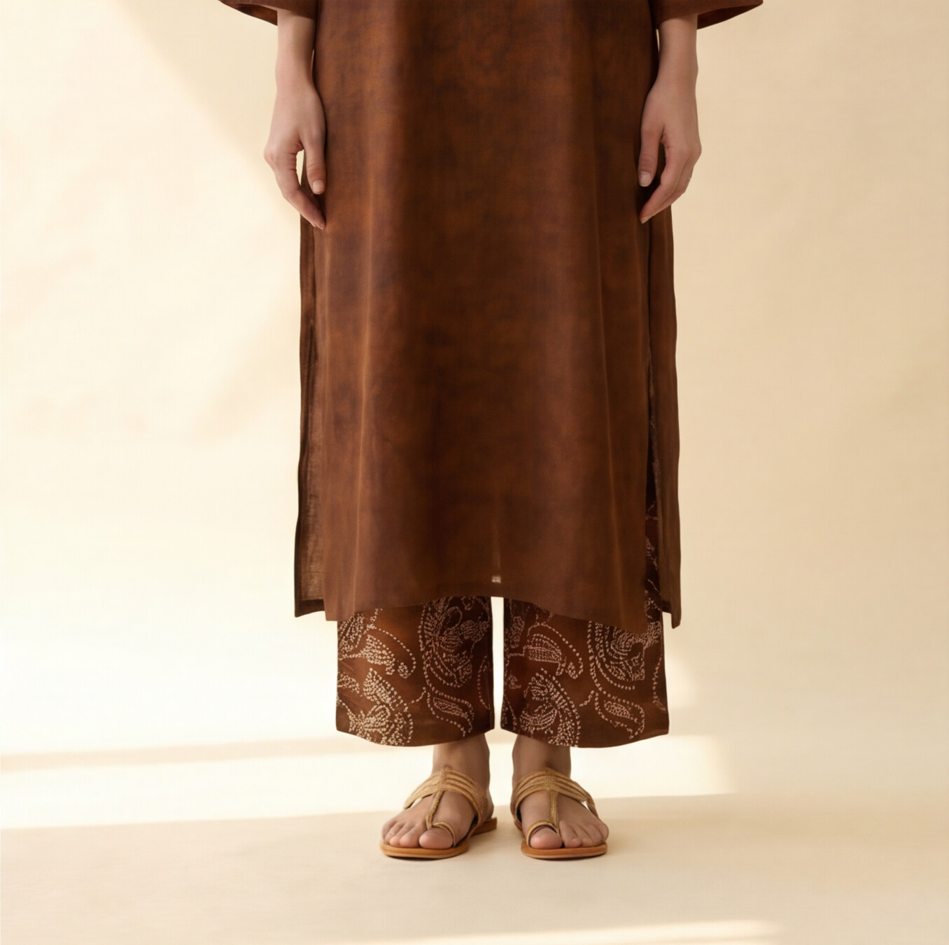 Women's Premium Brown Cotton Tie-Dye Embroidered Kurta Set