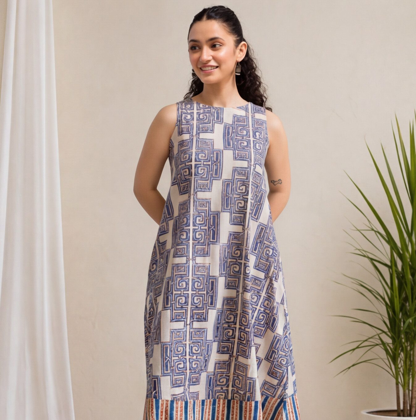 Women's Blue & White Printed Cotton A-Line Dress