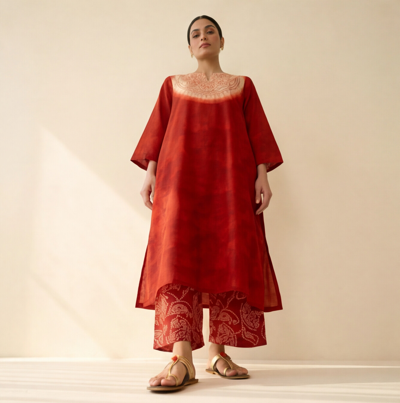 Women's Premium Red Cotton Tie-Dye Embroidered Kurta