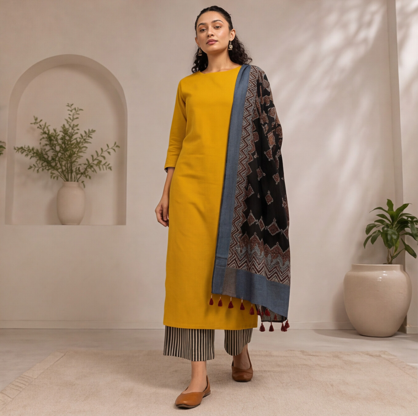 Women's Mustard Straight Kurta Set with Printed Dupatta