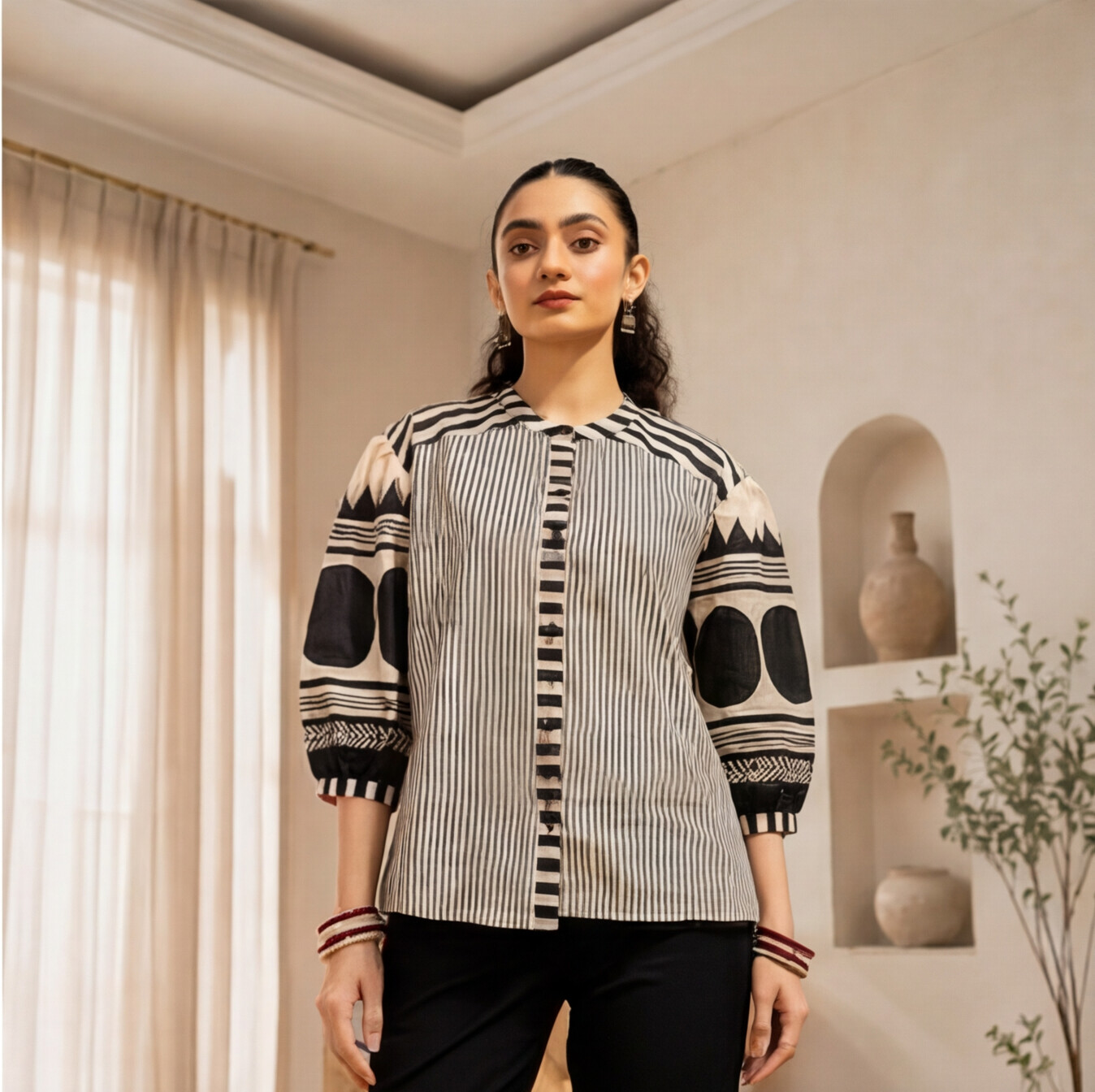 Women's Grey & Black Printed Cotton Jacket Top