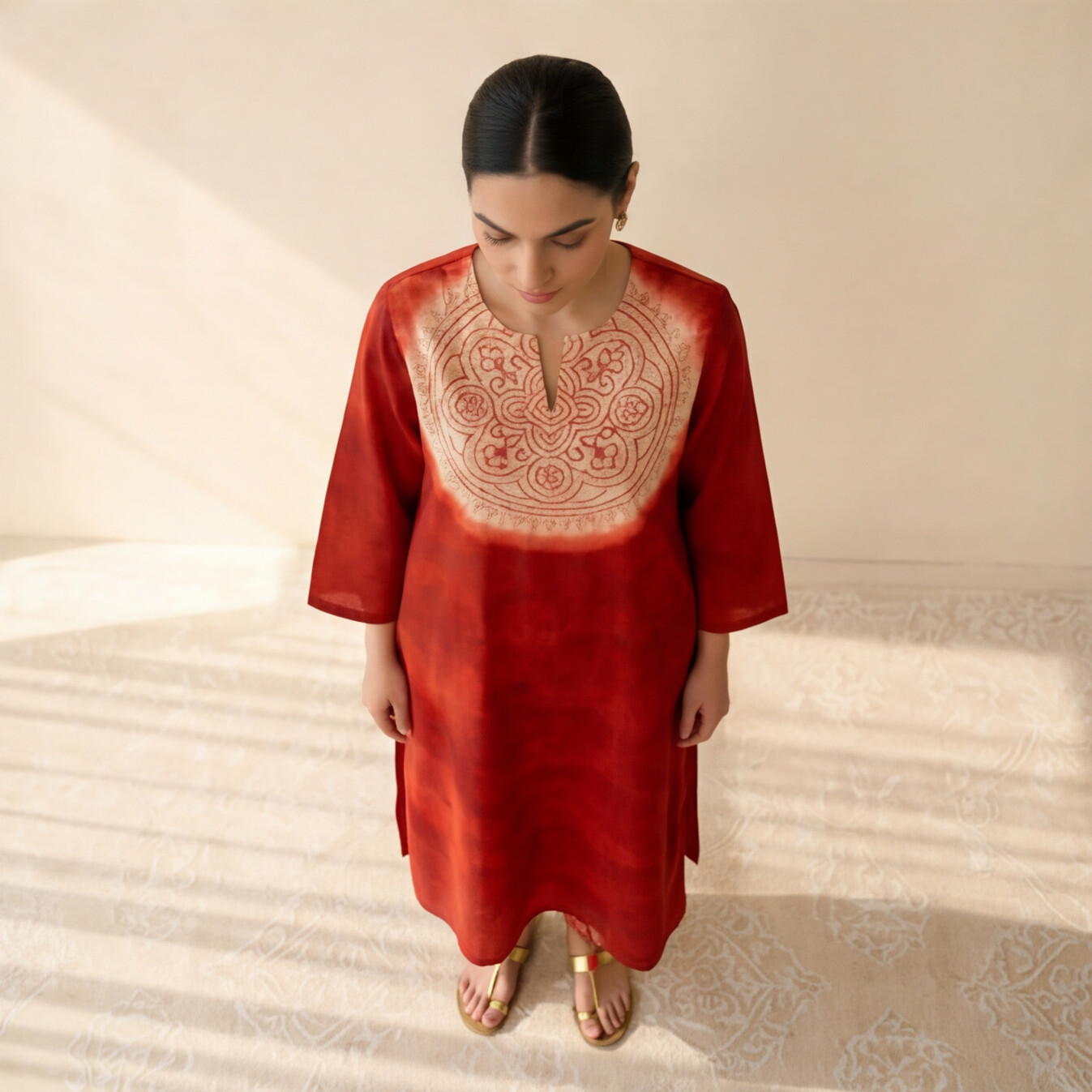 Women's Premium Red Cotton Tie-Dye Embroidered Kurta