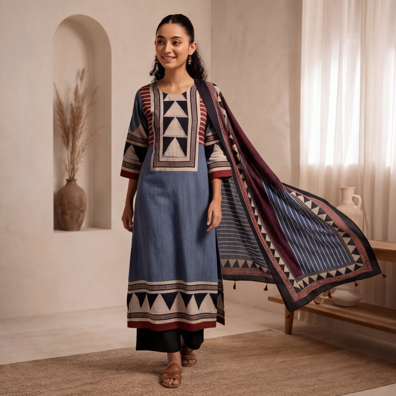 Women's Blue Geometric Printed Kurta Set with Dupatta