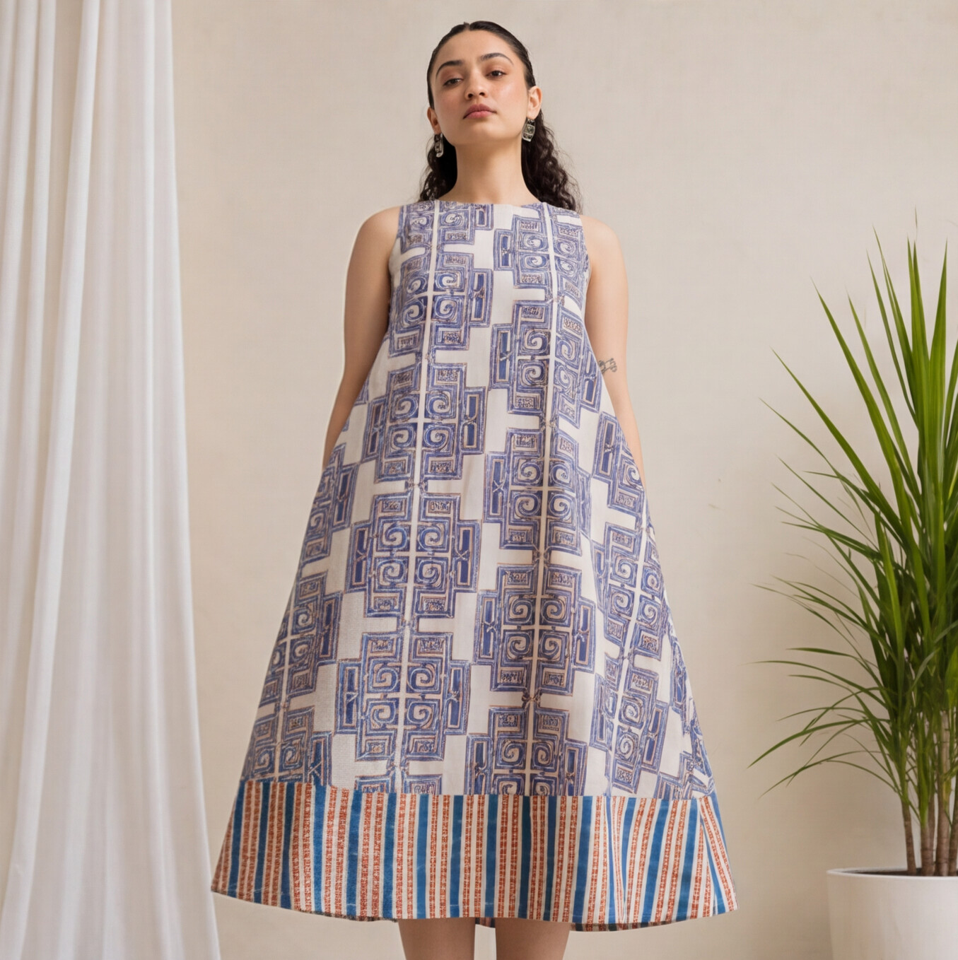 Women's Blue & White Printed Cotton A-Line Dress