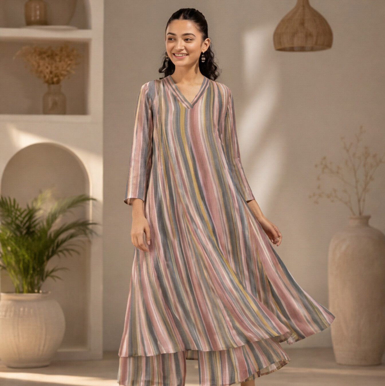 Women's Pastel Stripe A-Line Kurta Set