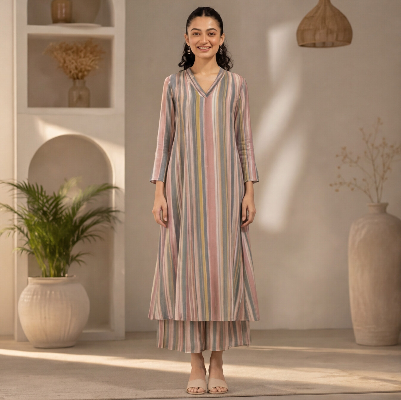 Women's Pastel Stripe A-Line Kurta Set