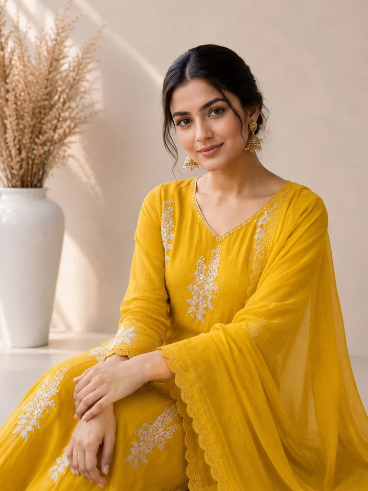 Sunehri Mustard Bloom Kurta Set
