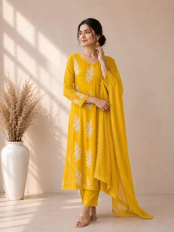 Sunehri Mustard Bloom Kurta Set